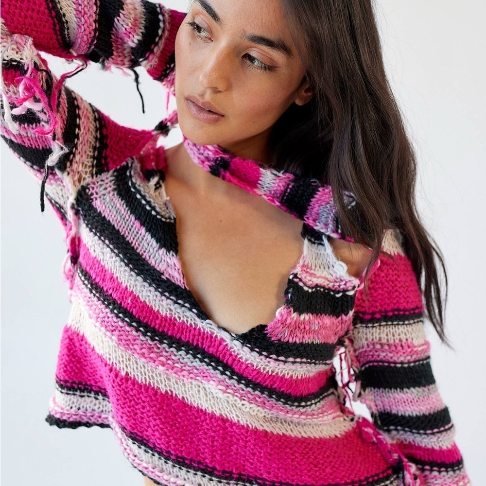 URBAN OUTFITTERS Pink Striped Beatrix Layered Distressed Sweater